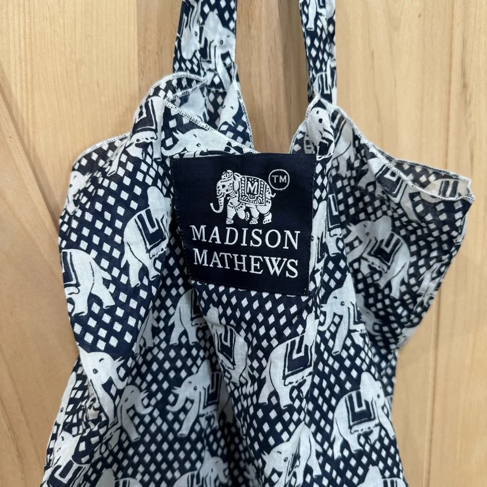 Madison Mathews Elephant Packable Tote Boho Bag Cloth Shoulder Bag Blue White